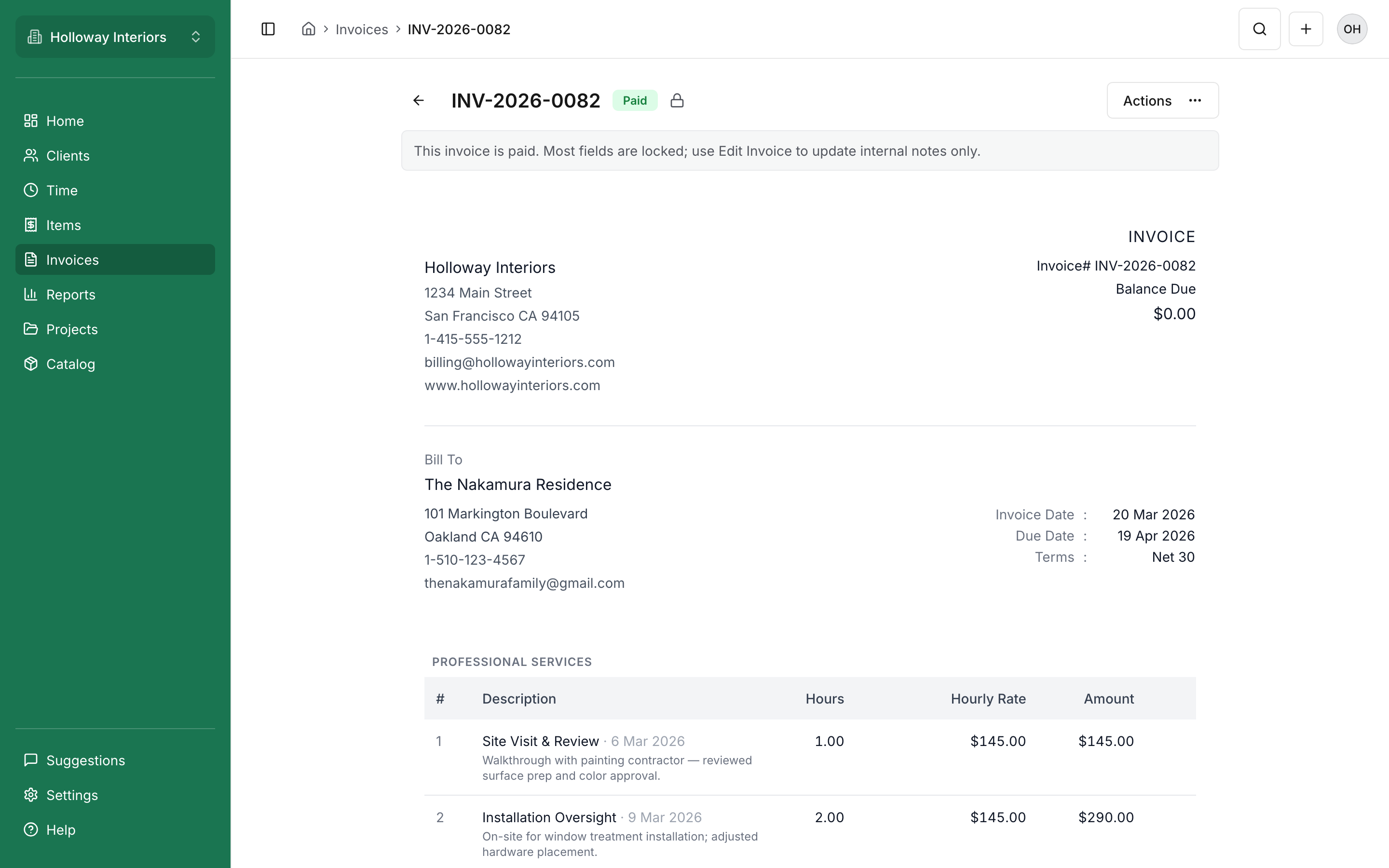Paid invoice detail view showing professional invoice layout with client billing info and line items