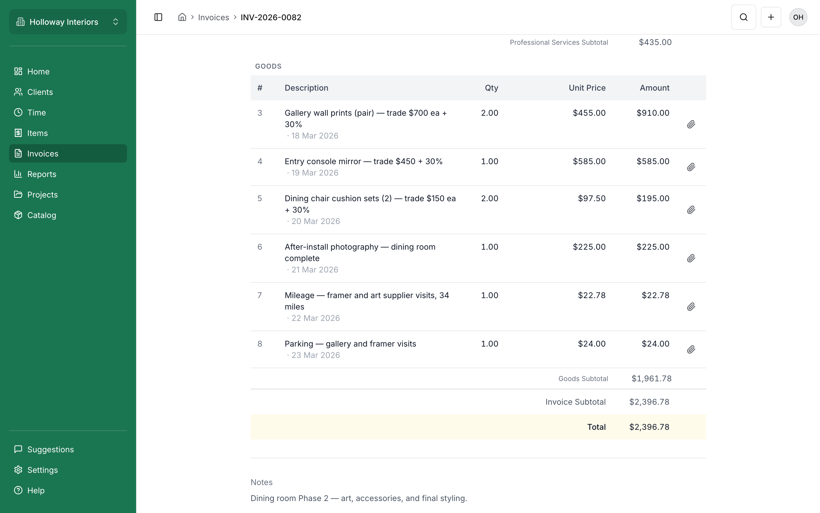 Invoice goods section showing trade items, markups, expenses, and subtotals