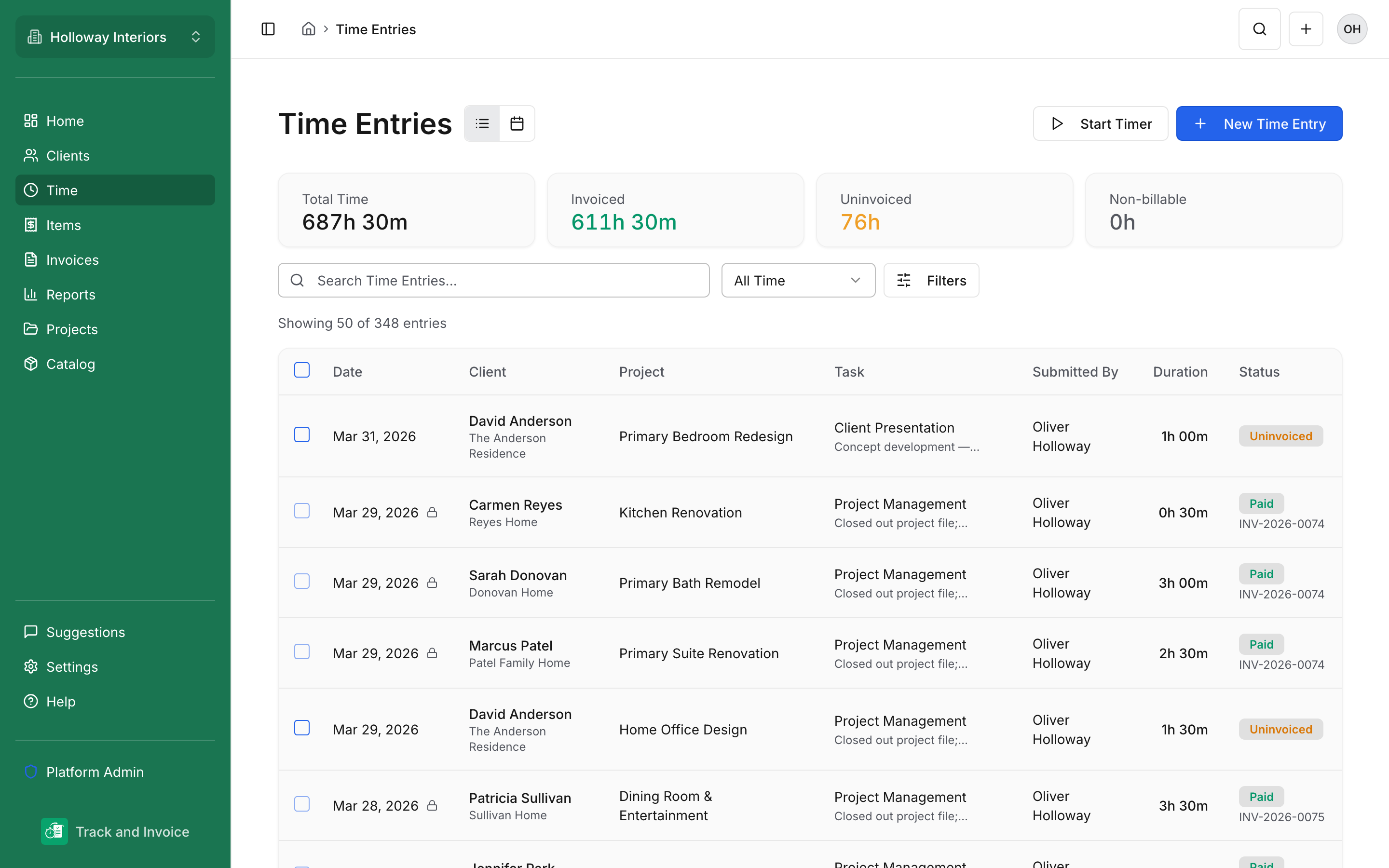 Time entries list showing billable hours organized by client and project